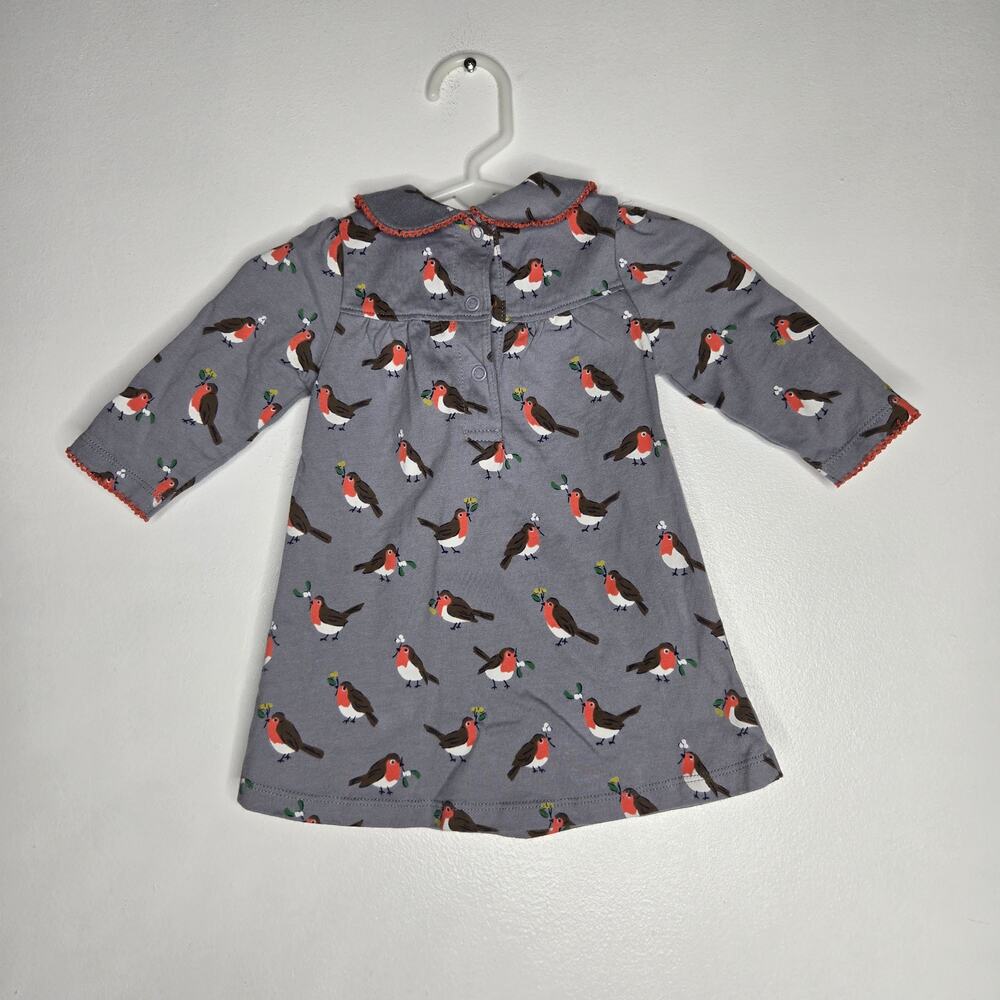 Baby Boden Girl Robin Bird Print Dress Long Sleeve Cotton Fall Gray 3-6 Months - Picture 2 of 10